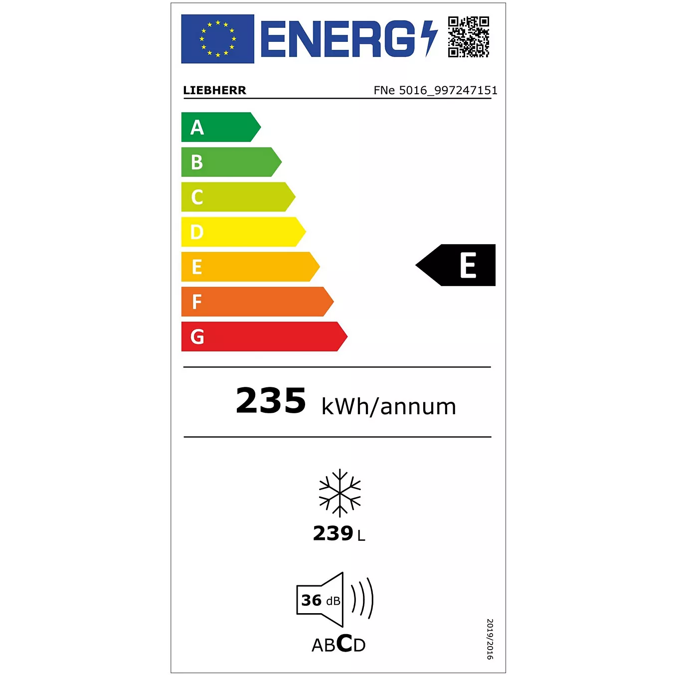 Le congélateur LIEBHERR FNE5016-20 est classé E sur l'échelle d'efficacité énergétique, avec une consommation annuelle de 235 kWh, une capacité de 239 litres et un niveau sonore de 36 dB.
