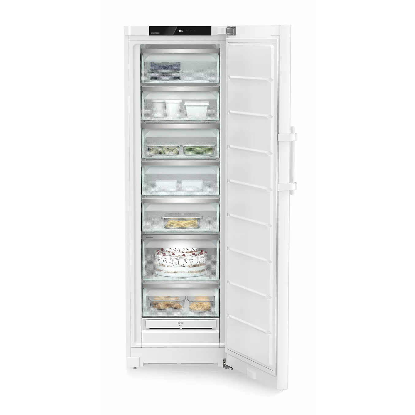 Le grand congélateur blanc LIEBHERR FNE5217-20 est ouvert, dévoilant ses étagères et ses tiroirs remplis de barquettes de produits surgelés.
