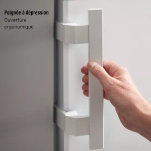 Une main saisit la poignée blanche et ergonomique du réfrigérateur LIEBHERR FNE5217-20, comme le souligne le texte en français ci-joint.