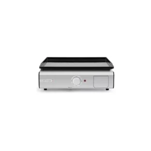 La RIVIERA & BAR QPL1045 est une plaque de cuisson électrique en acier inoxydable dotée d'une surface de cuisson noire élégante et d'un bouton de commande frontal facile à utiliser.