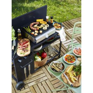 Le barbecue d'extérieur RIVIERA & BAR QPL1045 est photographié sur une terrasse en bois, entouré de chaises vertes et de pelouse, avec de la viande, des légumes, du pain et des salades prêts à être cuits au barbecue.