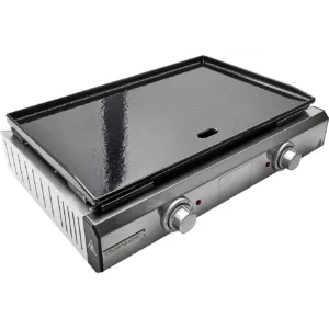 Le modèle RIVIERA & BAR QPL1060 est une plaque de cuisson de table en acier inoxydable équipée de deux boutons de commande et d'une surface de cuisson plane et spacieuse.