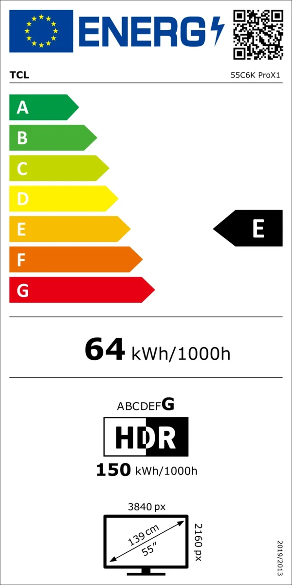 Voici la phrase réécrite à partir des caractéristiques techniques fournies : Le TCL 55C6K PRO est un téléviseur de 55 pouces doté d'une résolution de 3840 x 2160, d'une classe énergétique E, une consommation de 64 kWh pour 1 000 heures (150 kWh pour 1 000 heures en mode HDR) et une diagonale d'écran de 139 cm (55 pouces).