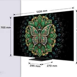 Téléviseur TCL 55C6K PRO (55 pouces) arborant un motif mandala aux couleurs vives ; les dimensions et la télécommande sont présentées à côté du TCL 55C6K PRO pour donner une idée de l'échelle.