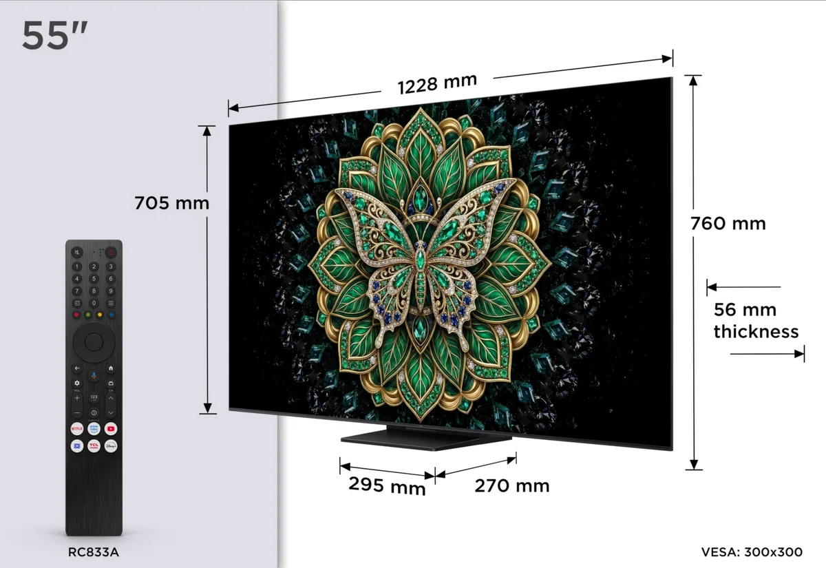 Téléviseur TCL 55C6K PRO (55 pouces) arborant un motif mandala aux couleurs vives ; les dimensions et la télécommande sont présentées à côté du TCL 55C6K PRO pour donner une idée de l'échelle.