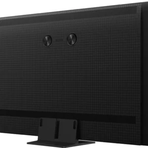 Vue arrière du TCL 55C6K PRO montrant ses évents, ses ports et ses trous de fixation lorsqu'il est posé sur son socle.
