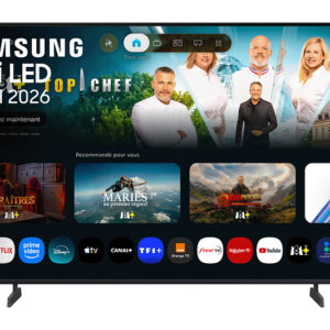 Une photocopieuse connectée, telle que le modèle SAMSUNG TQ43Q7F4AUXXC, est dotée d'un menu numérique situé en haut de l'appareil et affichant diverses fonctions et options.