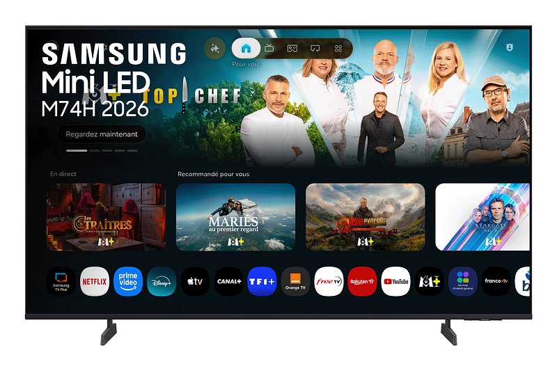 Une photocopieuse connectée, telle que le modèle SAMSUNG TQ43Q7F4AUXXC, est dotée d'un menu numérique situé en haut de l'appareil et affichant diverses fonctions et options.