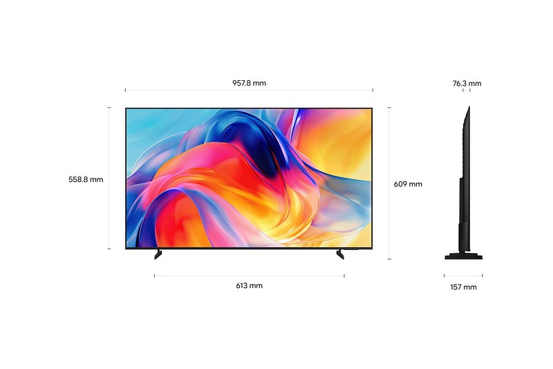 Vue de face et de profil du SAMSUNG TQ43Q7F4AUXXC (photocopieur) avec les dimensions indiquées en millimètres.