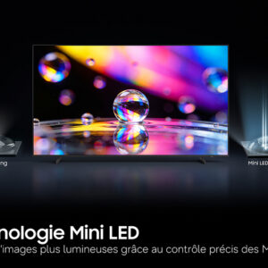 Le modèle SAMSUNG TQ43Q7F4AUXXC (Copieur) met en avant des bulles colorées afin de souligner le contraste entre les technologies de rétroéclairage LED et Mini LED.