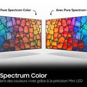 Deux écrans affichent la même image colorée, dont l’un est équipé de la technologie Pure Spectrum Color sur le modèle SAMSUNG TQ43Q7F4AUXXC (Copier), afin de comparer et de reproduire l’excellente qualité d’image de Samsung.