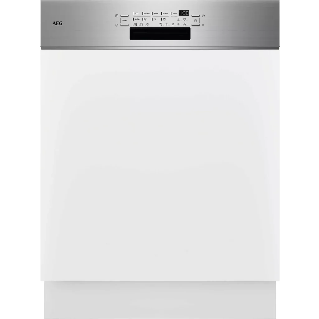 Vue de face du lave-vaisselle AEG blanc, doté d'un panneau de commande en acier inoxydable et d'un écran numérique.
