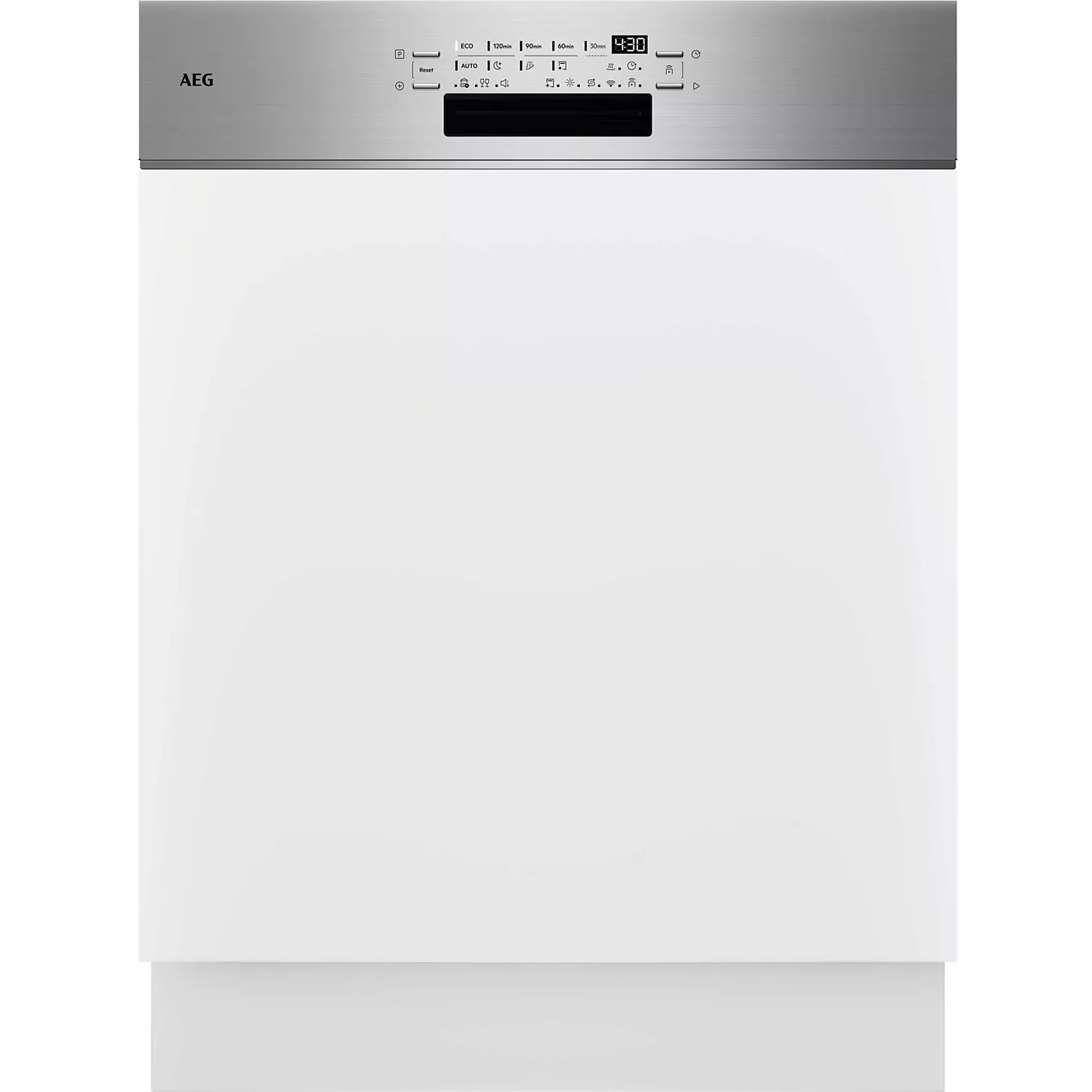 Vue de face du lave-vaisselle AEG blanc, doté d'un panneau de commande en acier inoxydable et d'un écran numérique.