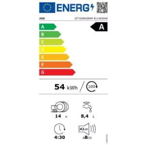 Cet appareil AEG est classé A sur l'échelle d'efficacité énergétique, consomme 54 kWh, utilise 8,4 L d'eau, peut contenir 14 couverts et fonctionne à un niveau sonore modéré de 42 dB.