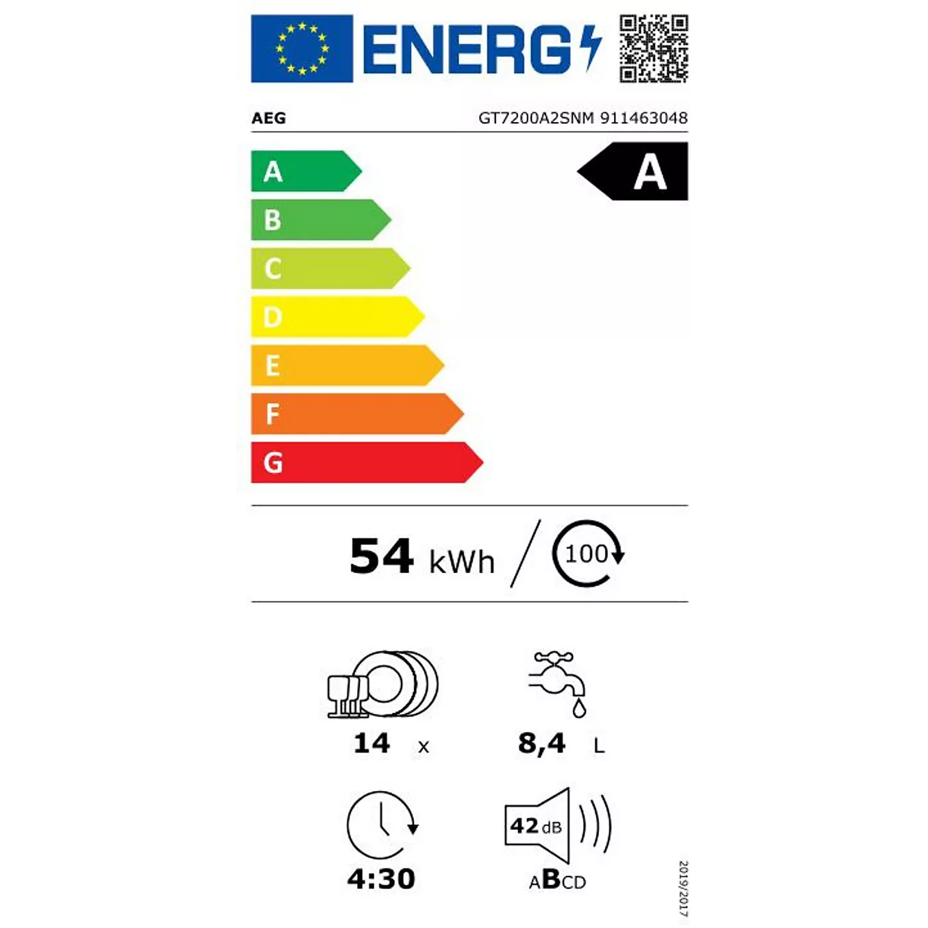 Cet appareil AEG est classé A sur l'échelle d'efficacité énergétique, consomme 54 kWh, utilise 8,4 L d'eau, peut contenir 14 couverts et fonctionne à un niveau sonore modéré de 42 dB.