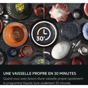 Des assiettes sales et propres sont présentées côte à côte, mettant en avant le cycle de lavage rapide de 30 minutes d'AEG, qui garantit un lavage efficace.