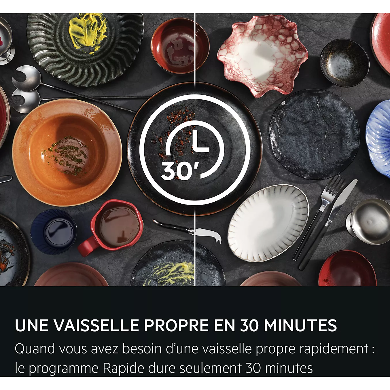 Des assiettes sales et propres sont présentées côte à côte, mettant en avant le cycle de lavage rapide de 30 minutes d'AEG, qui garantit un lavage efficace.