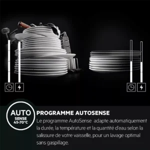 Deux piles de vaisselle, l'une sale et l'autre propre, illustrent les fonctionnalités du programme AutoSense du lave-vaisselle AEG.