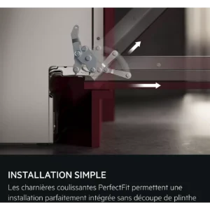 Gros plan sur le mécanisme de charnière coulissante AEG, avec des flèches indiquant le mouvement fluide de la porte ; les instructions d'installation en français sont fournies ci-dessous.