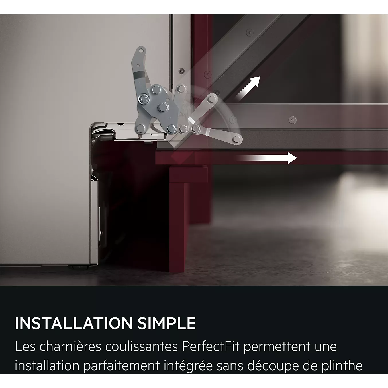 Gros plan sur le mécanisme de charnière coulissante AEG, avec des flèches indiquant le mouvement fluide de la porte ; les instructions d'installation en français sont fournies ci-dessous.