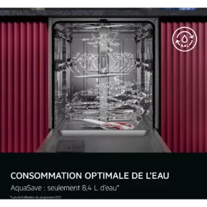 Lave-vaisselle AEG ouvert, avec des jets d'eau à l'intérieur, mettant en avant sa consommation d'eau optimale de 8,4 litres par cycle « Eco ».