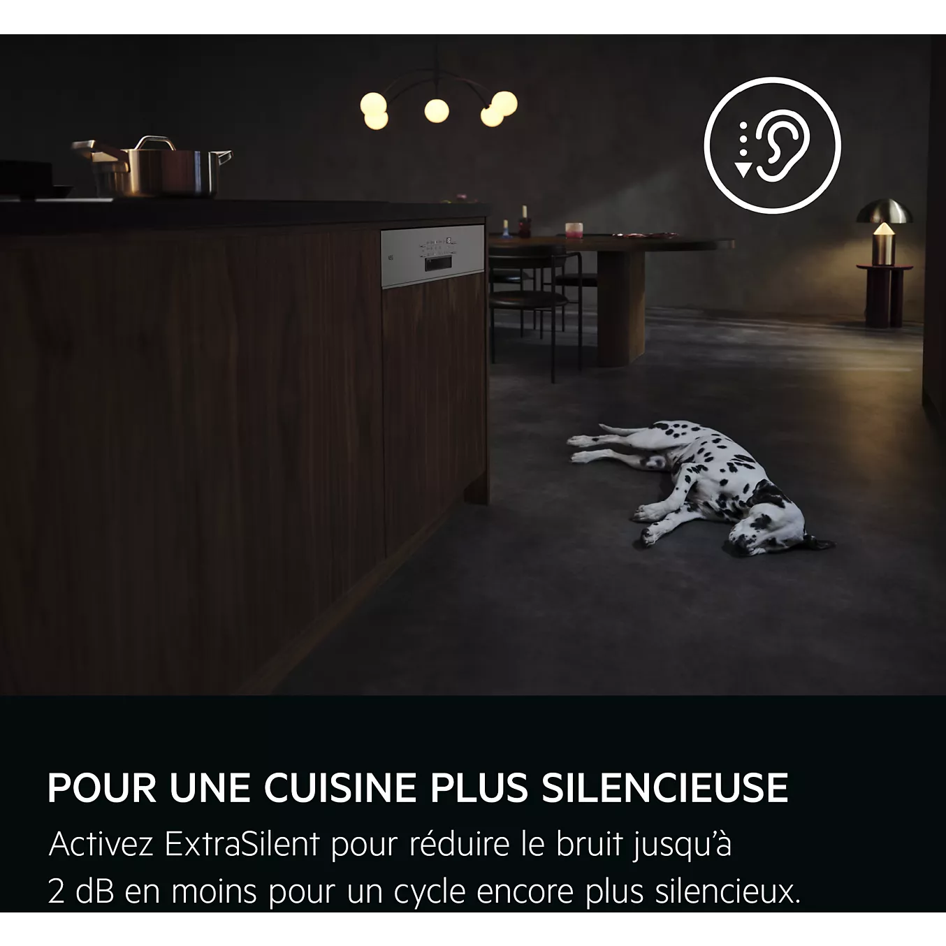 Un dalmatien est allongé sur le sol sombre d'une cuisine, tandis qu'un texte vante les mérites du lave-vaisselle AEG, doté du mode « ExtraSilent » pour un fonctionnement plus silencieux.