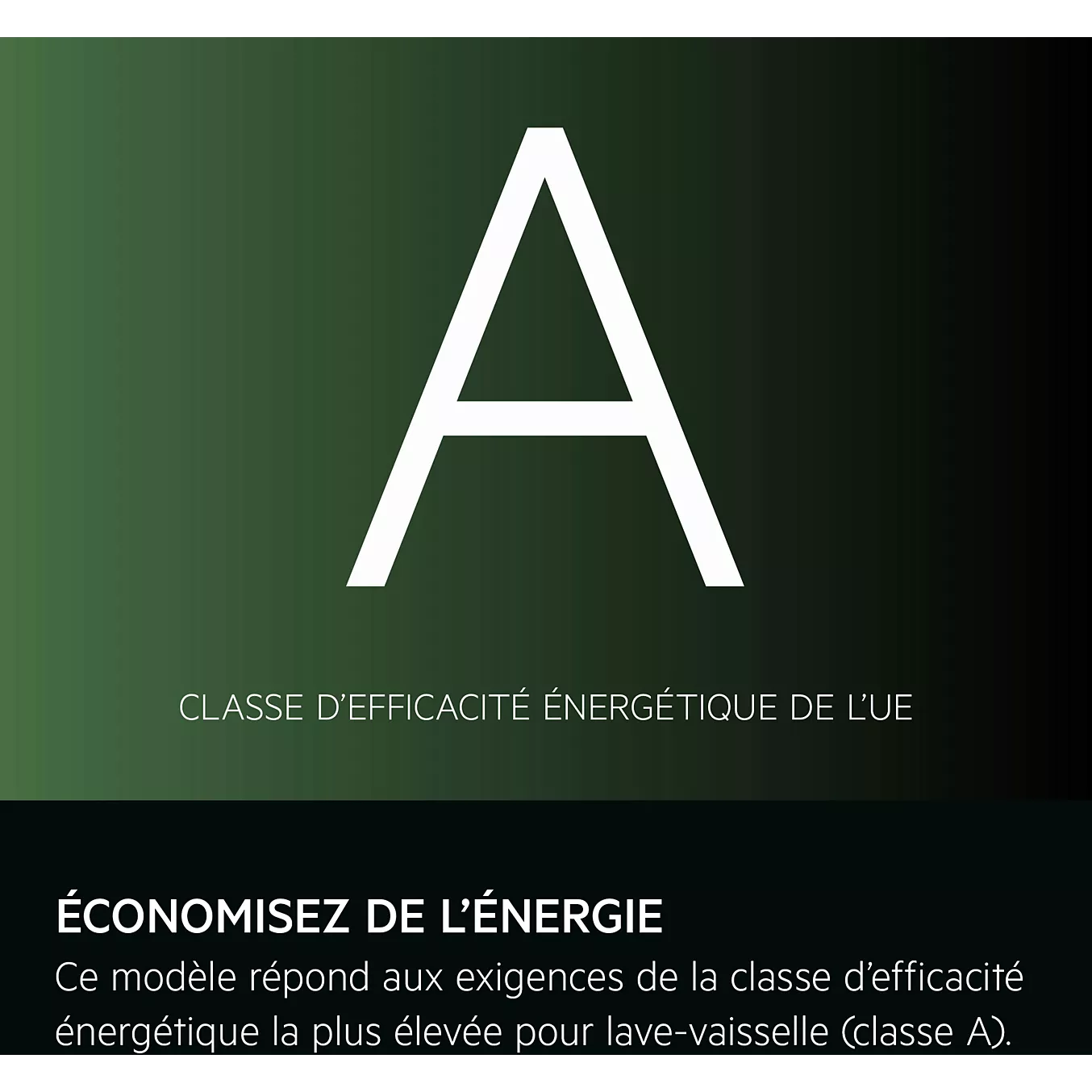 La lettre « A » sur fond vert-noir, indiquant une efficacité énergétique maximale pour le lave-vaisselle AEG.