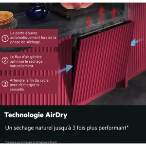 La porte du lave-vaisselle AEG s'entrouvre légèrement pour évacuer la vapeur, comme l'illustrent les flèches indiquant la circulation de l'air pour un séchage naturel.