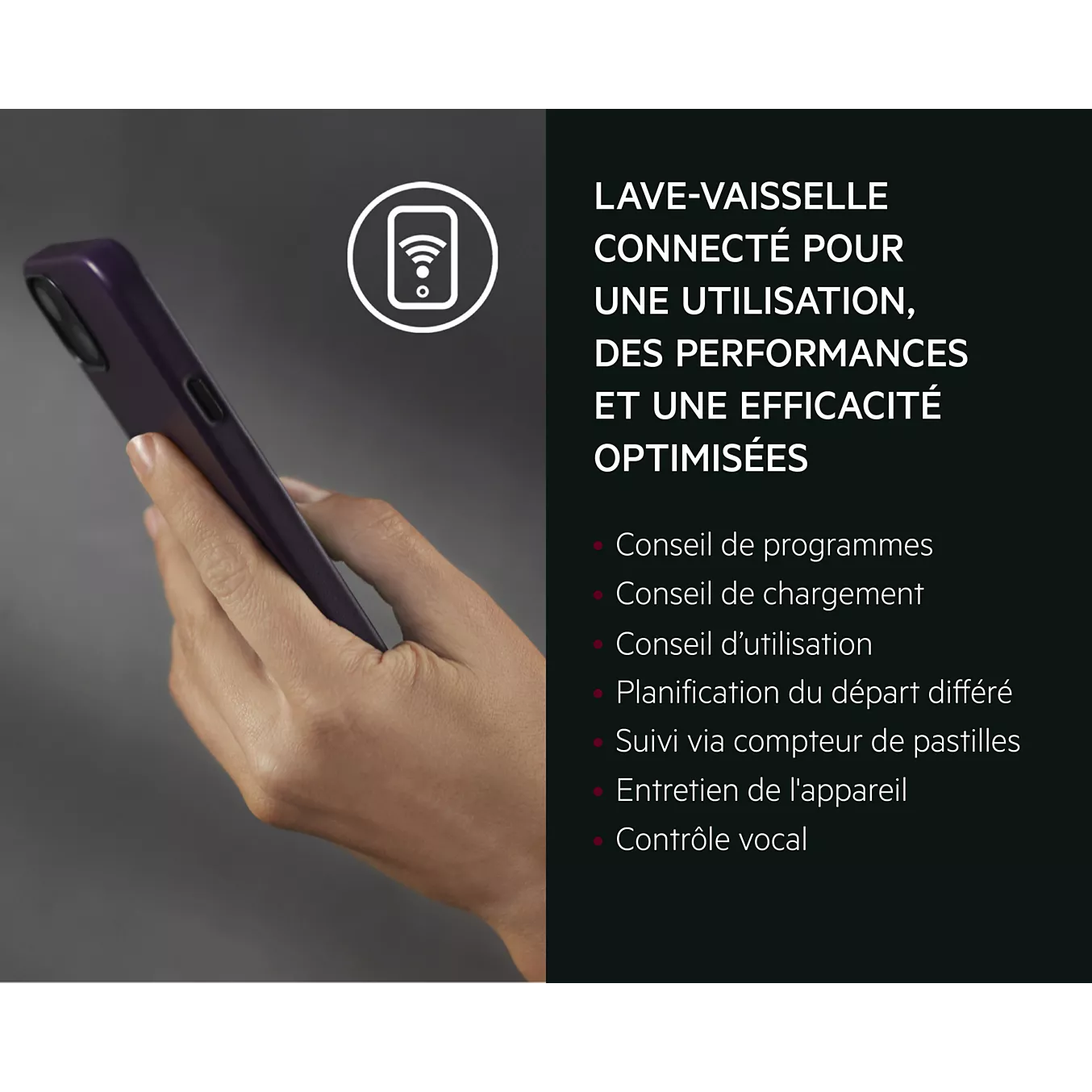 Une main tenant un smartphone, à côté d'un texte présentant les fonctionnalités du lave-vaisselle connecté AEG pour une efficacité optimisée.