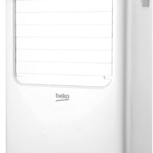 Climatiseur portable BEKO blanc, équipé de roulettes et d'un panneau supérieur noir, qui s'harmonise parfaitement avec la cuisinière électrique BEKO EFE6030W.