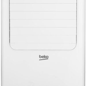 Vue de face du BEKO EFE6030W, un climatiseur ou déshumidificateur portable blanc équipé de bouches d'aération et de roulettes pour faciliter son déplacement.