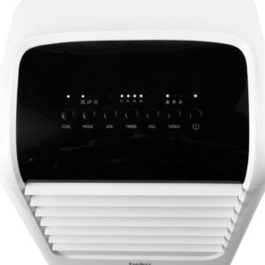 Panneau de commande de l'appareil électroménager BEKO EFE6030W, doté de boutons lumineux et d'indicateurs d'affichage situés au-dessus des bouches d'aération.