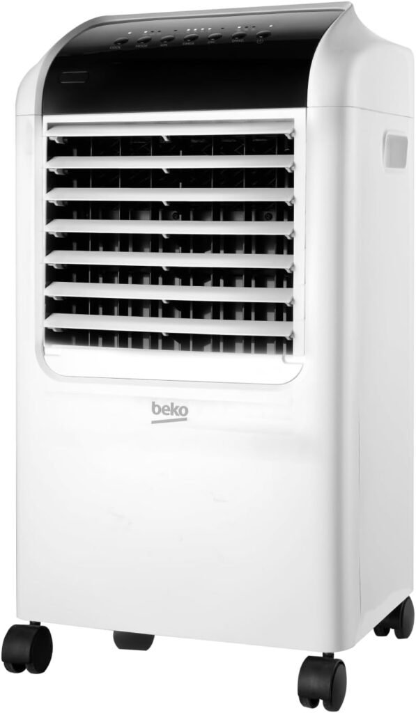 La cuisinière électrique BEKO EFE6030W incarne la marque BEKO, réputée pour sa fiabilité, que l'on retrouve également sur des climatiseurs portables blancs dotés de panneaux de commande et de bouches d'aération noirs, conçus pour être facilement déplacés grâce à leurs quatre roulettes.