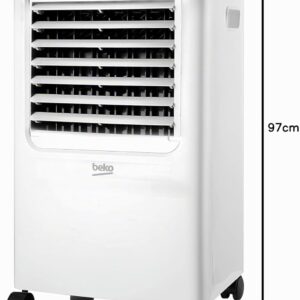 Le BEKO EFE6030W est un climatiseur portable blanc monté sur roulettes, mesurant 97 cm de hauteur, 40 cm de largeur et 32,8 cm de profondeur.