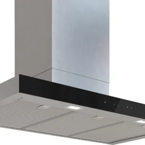 Le modèle DWB97DN est une hotte de cuisine en acier inoxydable et verre noir, équipée de trois filtres et d'un éclairage intégré.