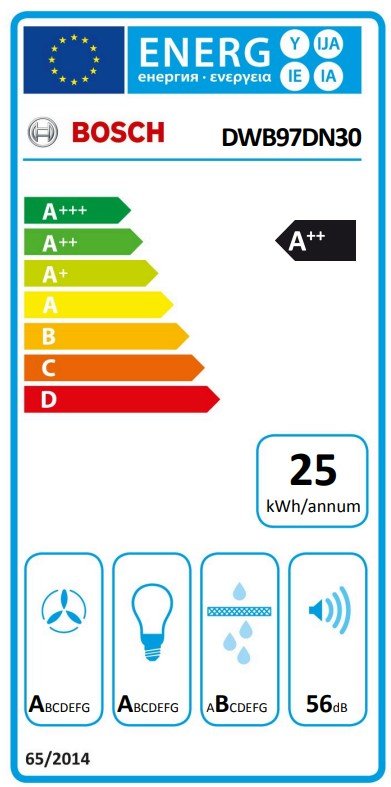 L'étiquette énergétique du modèle Bosch DWB97DN indique la classe A++, une consommation d'énergie de 25 kWh/an et un niveau sonore de 56 dB.