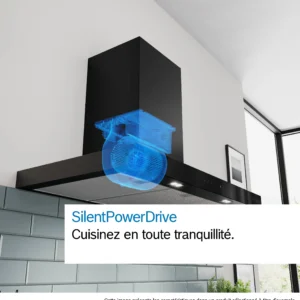 Une hotte de cuisine DWB97DN arborant un motif graphique bleu représentant son ventilateur interne, mettant en avant la technologie SilentPowerDrive.