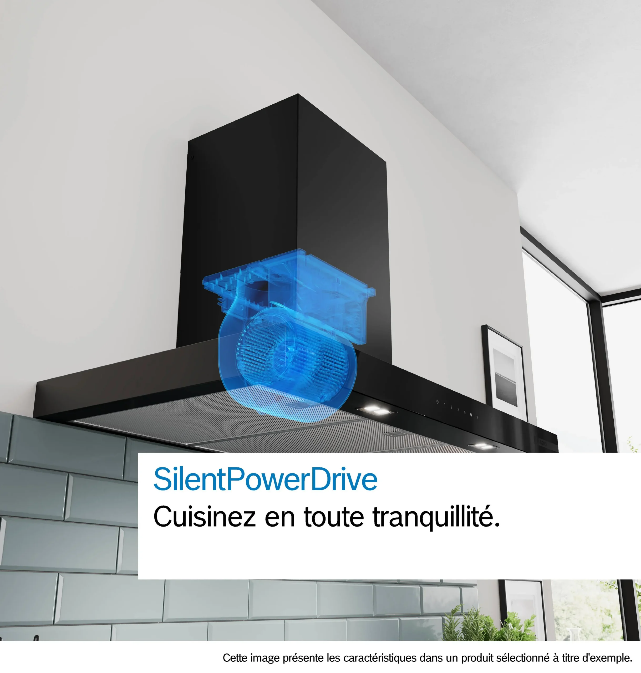 Une hotte de cuisine DWB97DN arborant un motif graphique bleu représentant son ventilateur interne, mettant en avant la technologie SilentPowerDrive.