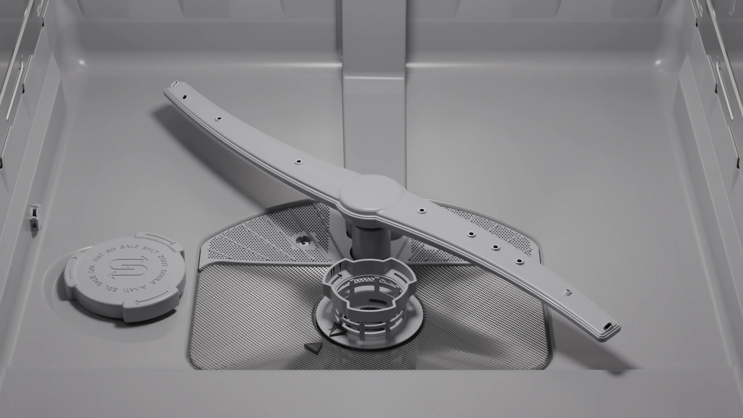Gros plan sur le bras gicleur et les éléments filtrants situés au fond, à l'intérieur du lave-vaisselle BOSCH SMI2HTB06E.