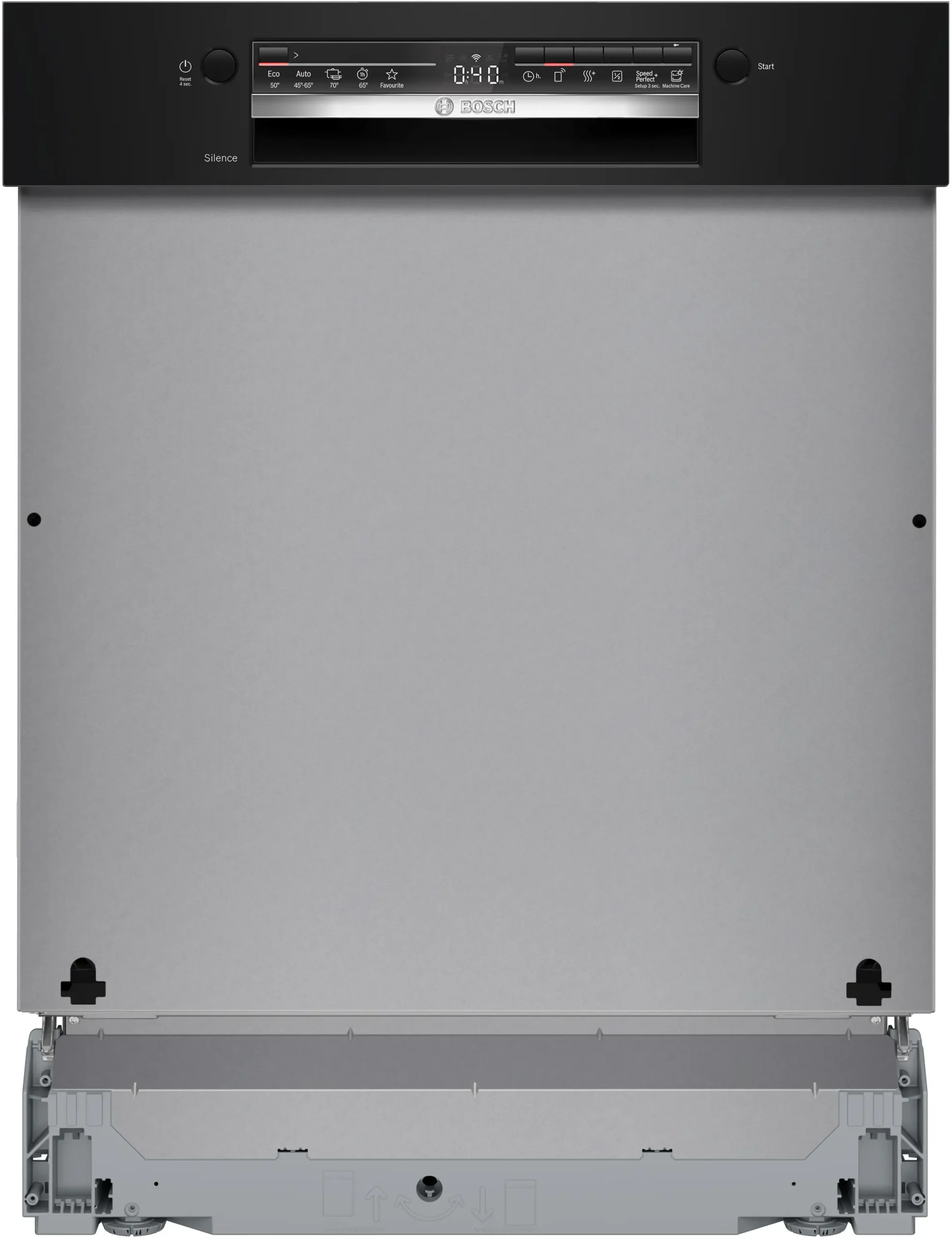 Vue de face du lave-vaisselle encastrable BOSCH SMI2HTB06E, mettant en valeur son panneau de commande noir moderne et son écran numérique.