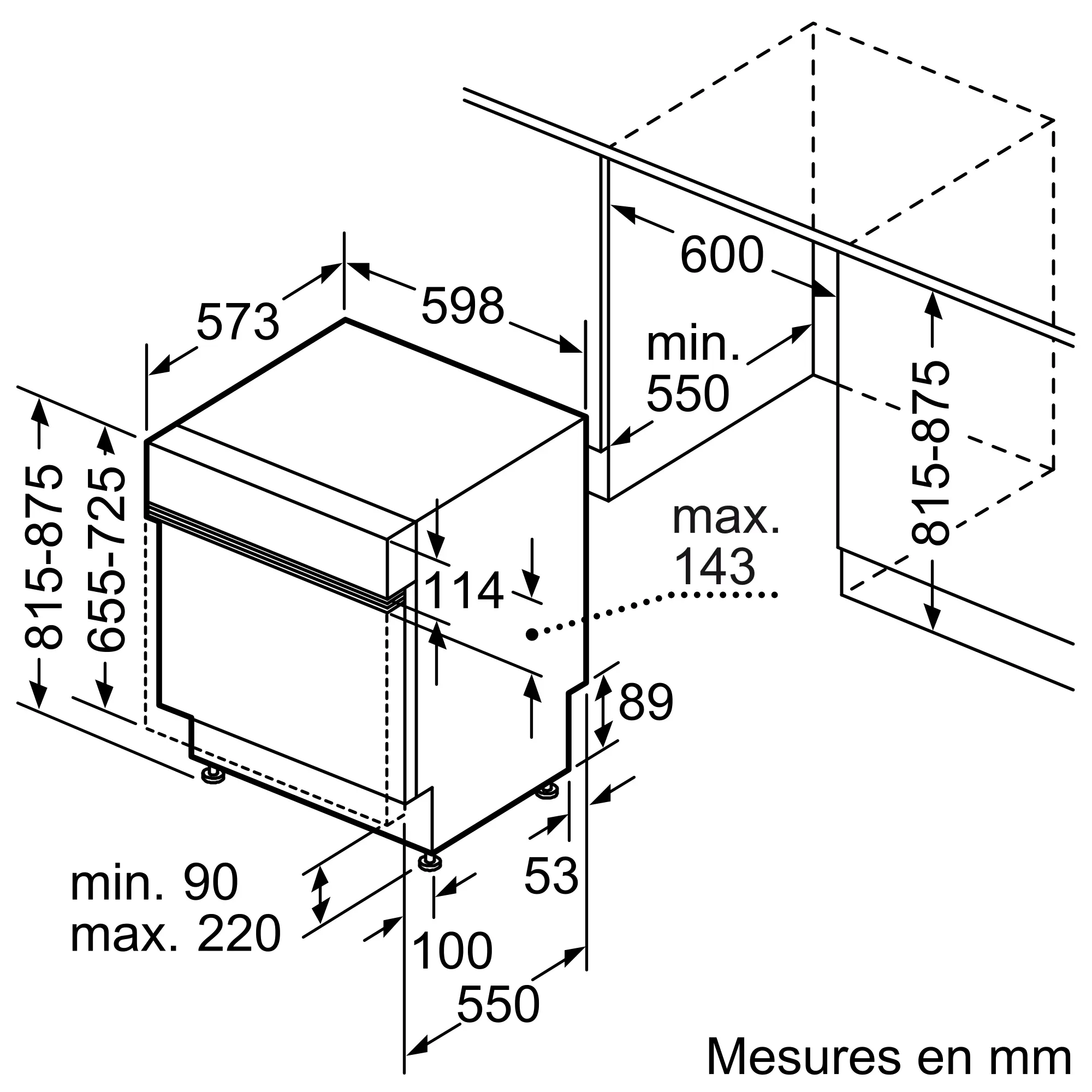 Schéma technique de l'ensemble de cuisine BOSCH avec dimensions et mesures en millimètres, mettant en avant le lave-vaisselle BOSCH SMI2HTS02E ; texte en français.