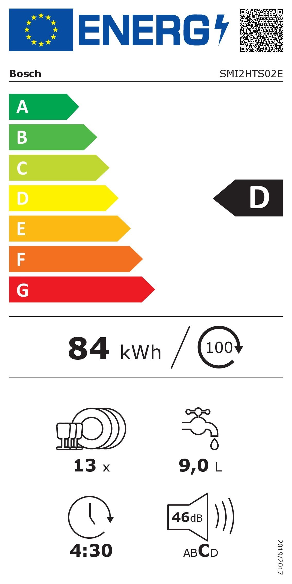 Étiquette énergétique Bosch : classe D, 84 kWh/100 cycles, consommation d'eau de 9,0 L, 13 couverts, durée du cycle de 4 h 30 et niveau sonore de 46 dB — profitez d'un lavage efficace avec le lave-vaisselle encastrable BOSCH SMI2HTS02E.