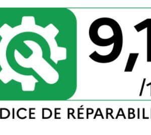 Une icône représentant un engrenage vert et une clé à molette apparaît au-dessus du texte « 9,1/10 Indice de réparabilité » sur fond blanc, soulignant l'excellente réparabilité du lave-vaisselle BOSCH SMI2HTS02E.