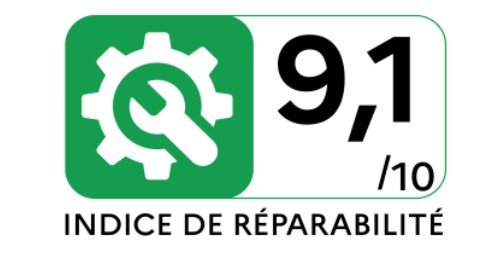 Une icône représentant un engrenage vert et une clé à molette apparaît au-dessus du texte « 9,1/10 Indice de réparabilité » sur fond blanc, soulignant l'excellente réparabilité du lave-vaisselle BOSCH SMI2HTS02E.