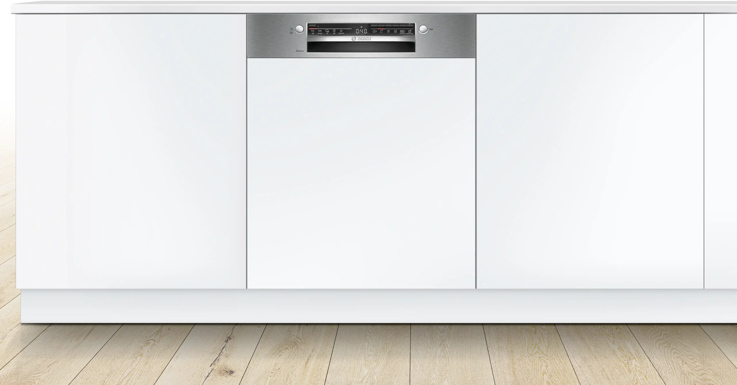 Le lave-vaisselle encastrable BOSCH SMI2HTS02E, doté d'un panneau de commande en acier inoxydable, est installé dans un meuble de cuisine blanc au style moderne.