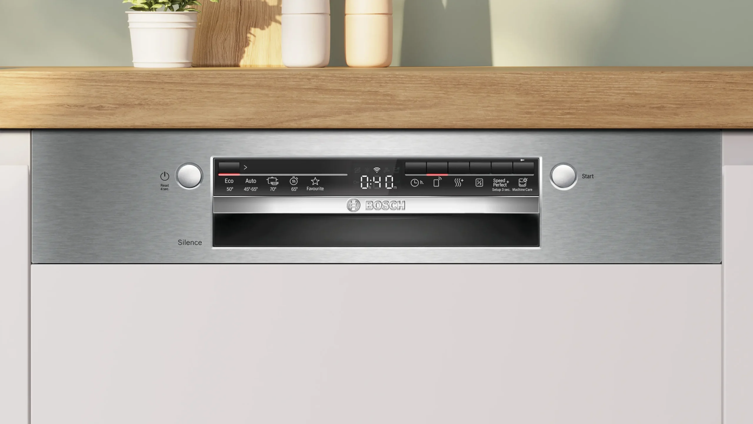 Le panneau de commande du lave-vaisselle encastrable BOSCH SMI2HTS02E comprend un écran numérique, des boutons et des voyants, tous situés sous un plan de travail en bois.