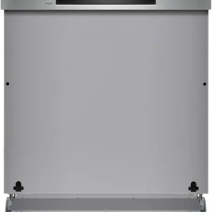 Vue de face du lave-vaisselle encastrable BOSCH SMI2HTS02E, présentant une finition élégante en acier inoxydable, avec un panneau de commande numérique et un panneau inférieur ouvert.