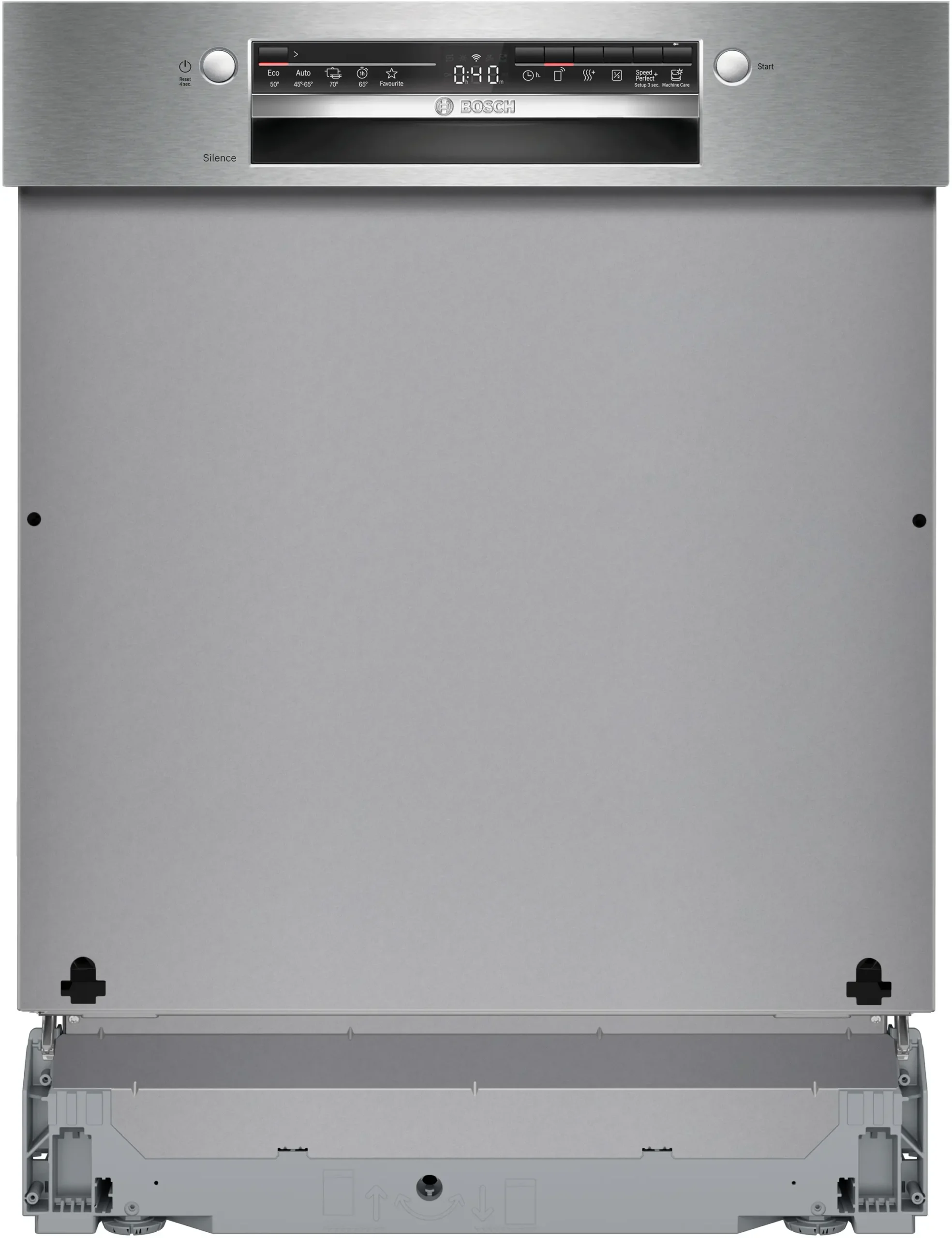 Vue de face du lave-vaisselle encastrable BOSCH SMI2HTS02E, présentant une finition élégante en acier inoxydable, avec un panneau de commande numérique et un panneau inférieur ouvert.