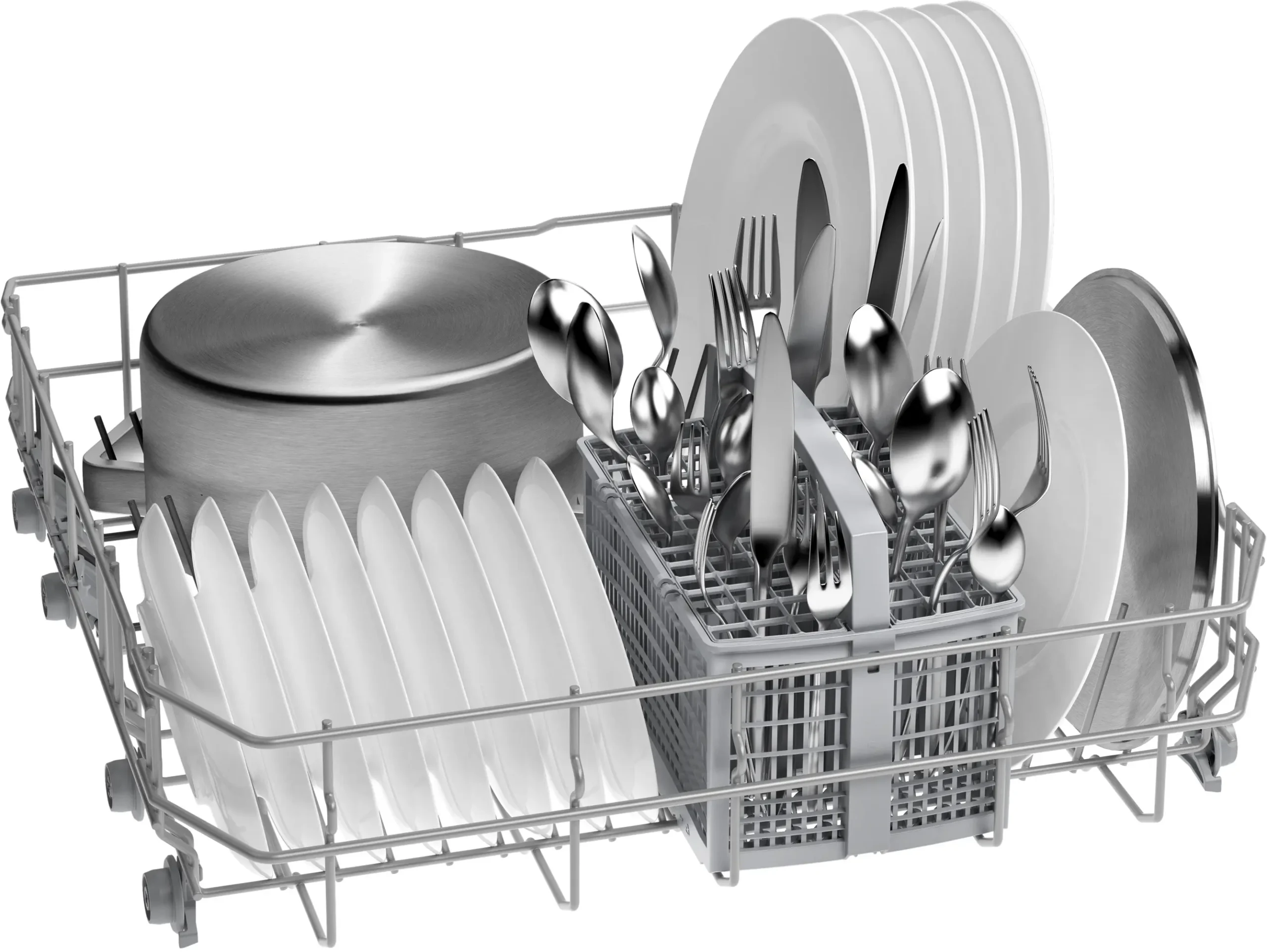 Ouvrez le panier du lave-vaisselle BOSCH SMI2HTS02E, dans lequel sont disposés des assiettes, des couverts et une grande casserole, le tout soigneusement rangé pour le lavage.