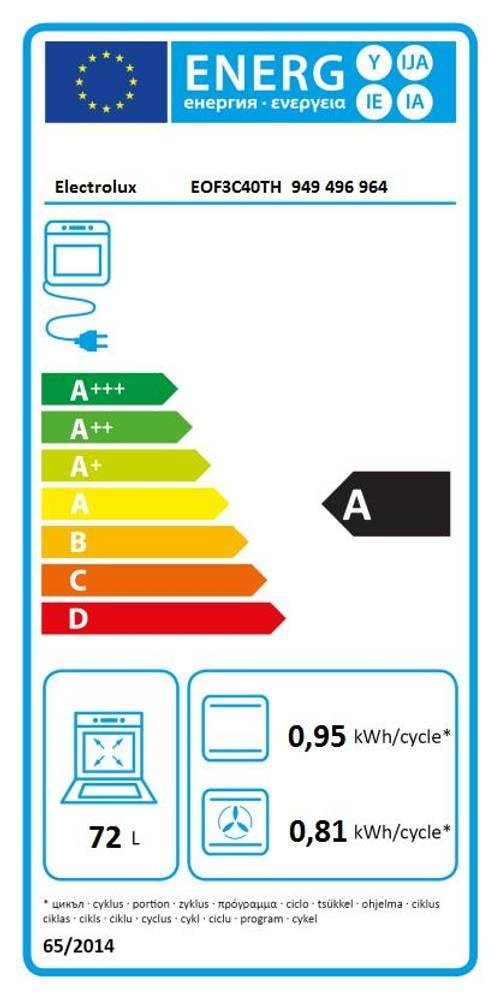 Étiquette énergétique du four ELECTROLUX EOF3C40TH : classe A, capacité de 72 L, consommation d'énergie de 0,95 kWh/cycle (cuisson traditionnelle) et de 0,81 kWh/cycle (cuisson à chaleur tournante), avec le drapeau de l'UE affiché.